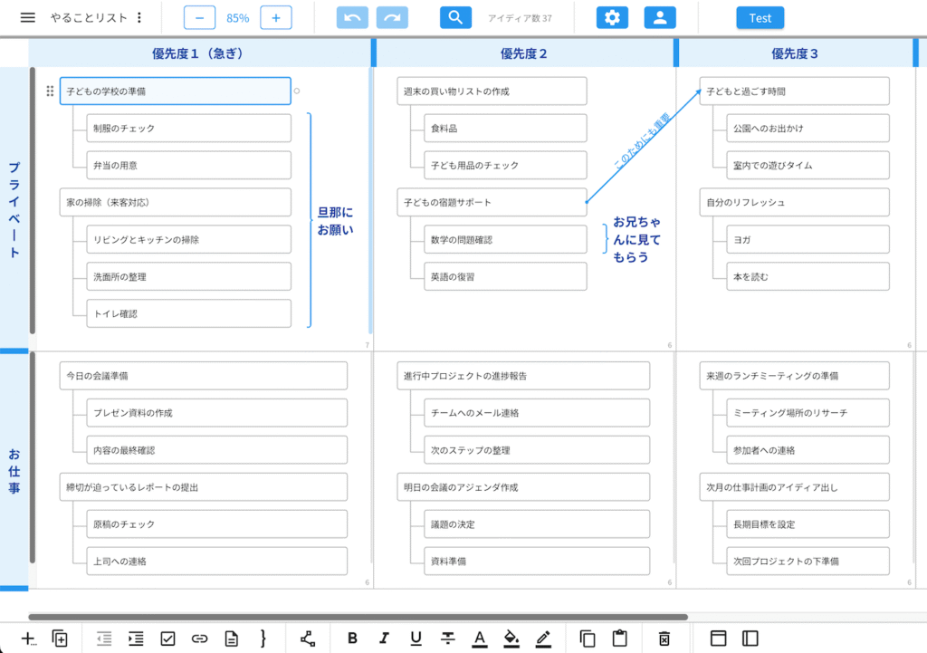 idea Laneでタスクを優先度とカテゴリに分けて整理している実画面