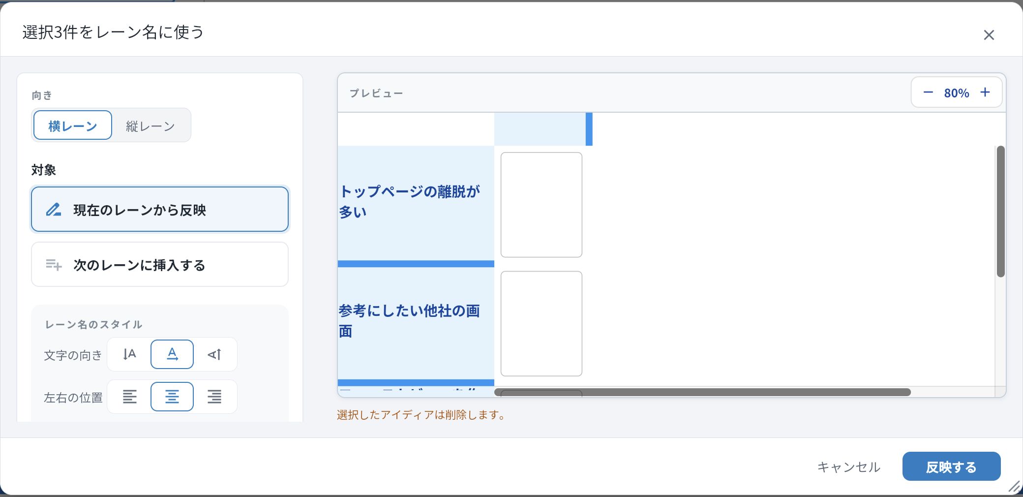 選択したアイディアをレーン名に使うダイアログ。プレビューで並びを確認できる