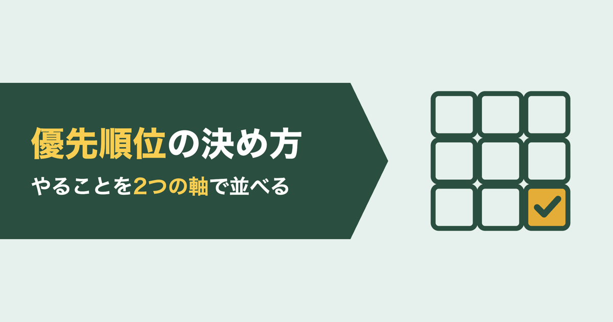 優先順位の決め方。やることを2つの軸で並べる、と書かれた帯と、右下のマスにチェックが入った3×3のマス目