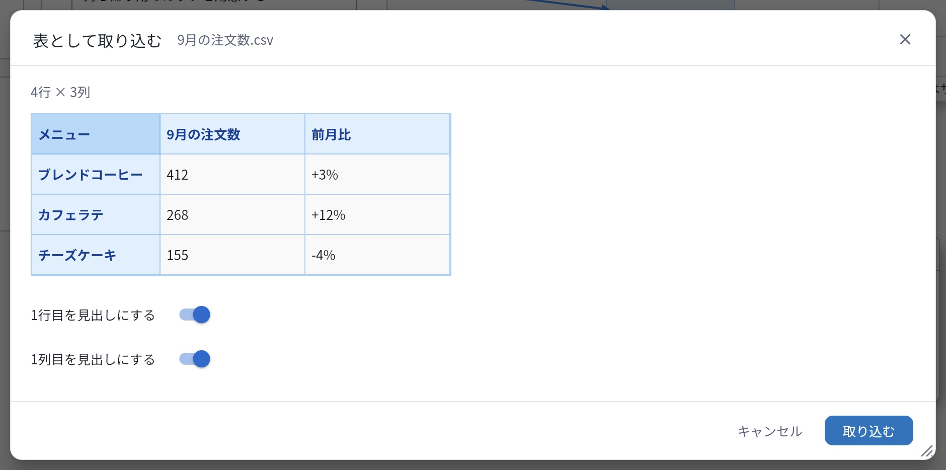 CSVファイルをドロップしたときに開く「表として取り込む」画面。中身のプレビューと、「1行目を見出しにする」「1列目を見出しにする」の切り替えがある